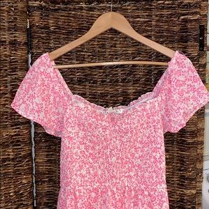 Row A smocked midi pink floral summer dress!